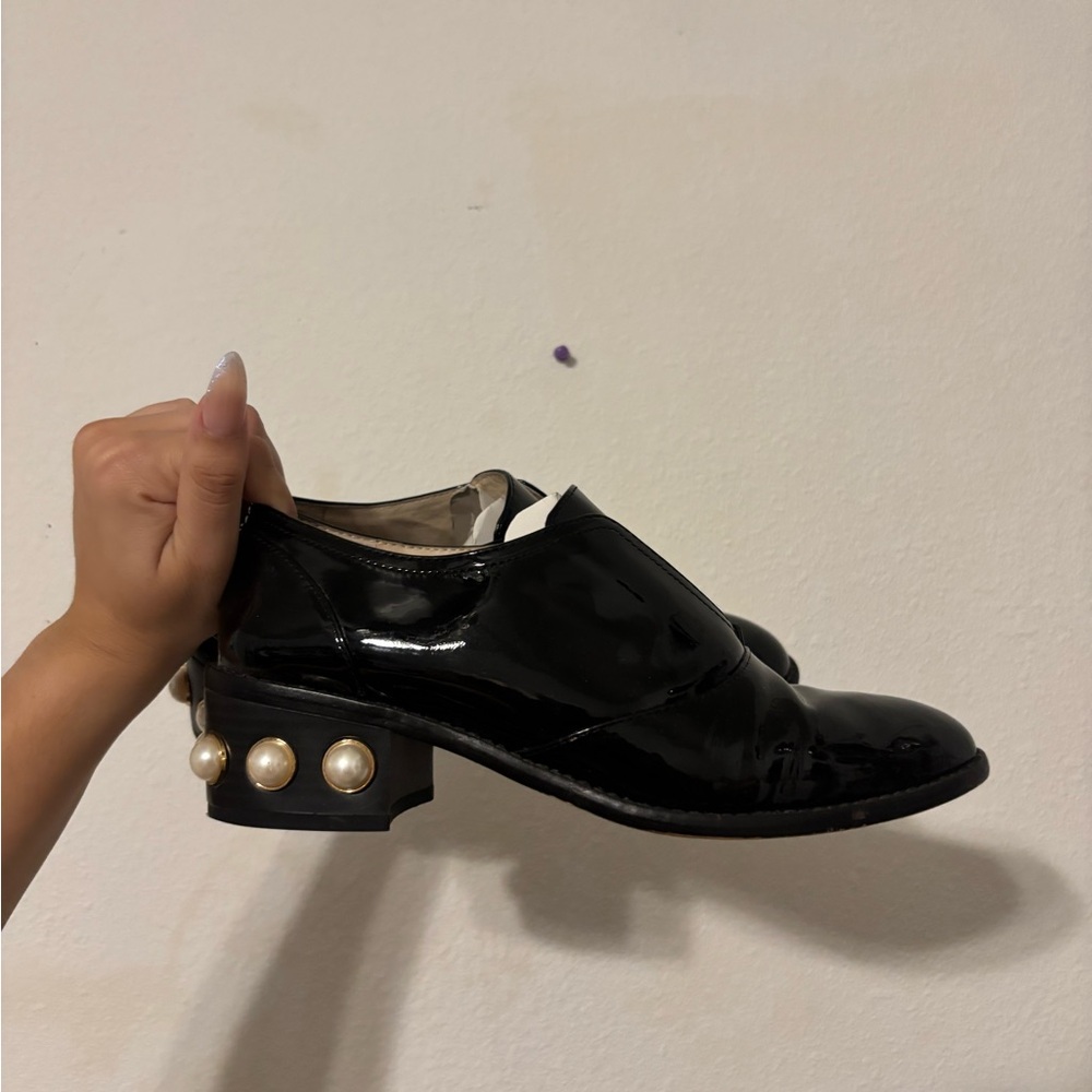 Black Patent Pearl-Accent Women's Heel Loafer